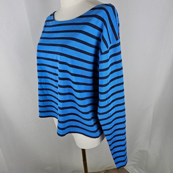 J.Crew Cropped Fit Blue & Navy Striped Cotton Top Size Large Preppy - Picture 2 of 9